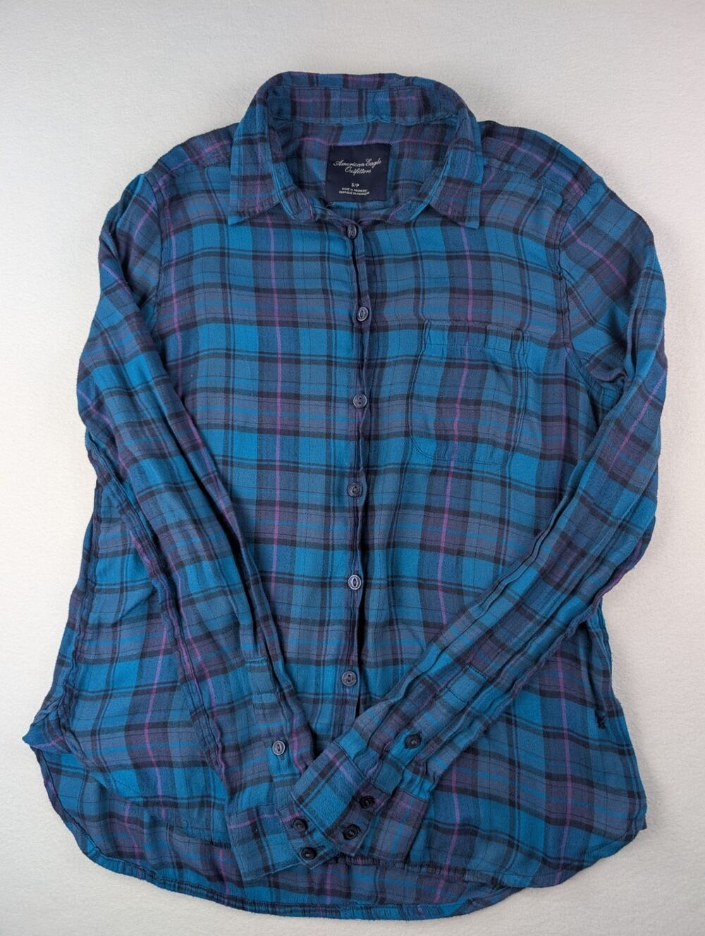 American Eagle Blue Plaid Button Up Shirt Women’s Small Grunge Y2K